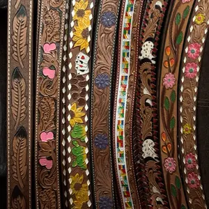 Western Leather Belt with Colorful Floral Design Adjustable Buckle Multiple Sizes Versatile Fashion Accessory