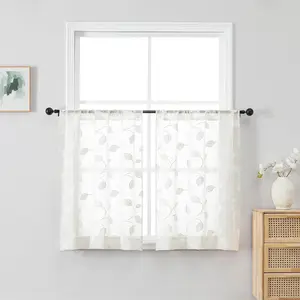 White Sheer Curtains 36 Inch Length 2 Panels, Embroidered Leaf Patterned Semi Sheer Linen Short Kitchen Curtains for Half Window, Rod Pocket Window Drapes for Bathroom Cafe, 2x30Wx36L Inches