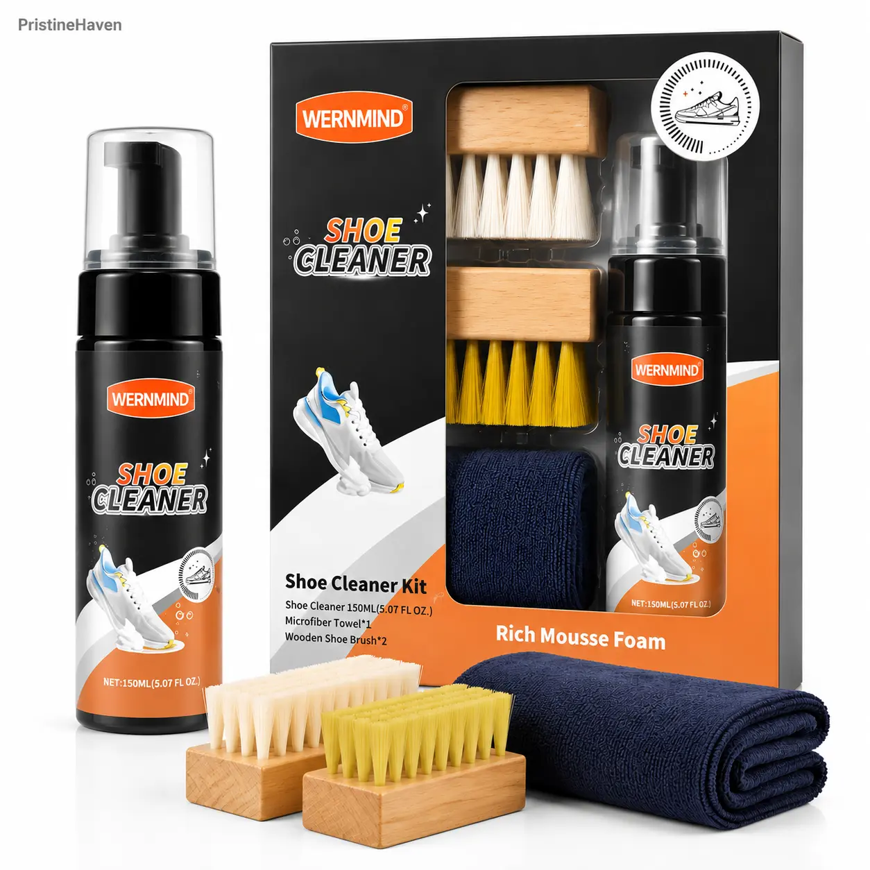 Premium Shoe Cleaner Kit – No Rinse Foam Sneaker Cleaner with 2 Brushes & 2 Microfiber Towels for Sneakers, Canvas Shoes, Boots & Sports Shoes