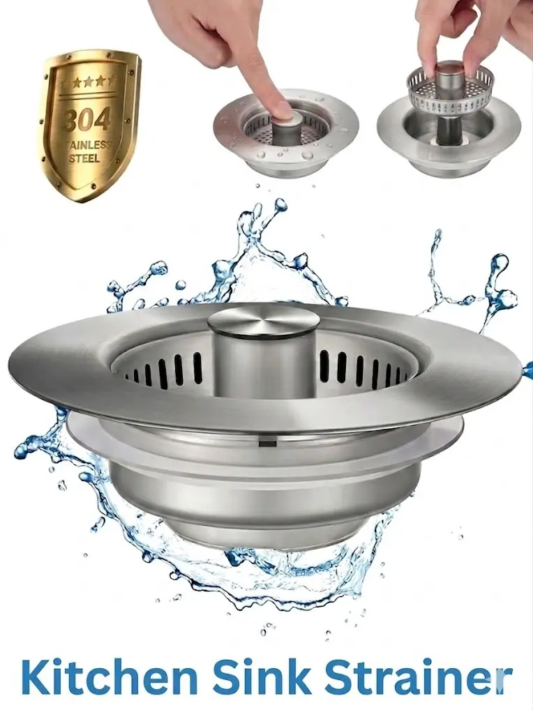 3-in-1 Stainless Steel Kitchen Sink Drain Strainer Stopper with Anti-Clog Filter Basket, Pop-Up Garbage Disposal Cover Food Catcher, Cleaning Tool for Standard 3-1/2 in Drain Hole