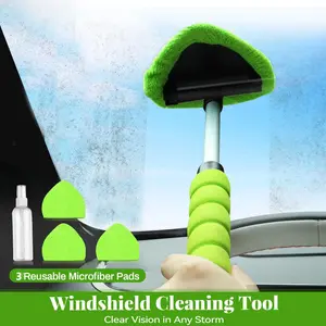 Car Windshield Cleaning Tool, Microfiber Car Window Cleaner with 3 Reusable and Washable Microfiber Pads and Extendable Handle - Cleaning tool kit!