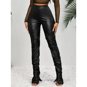 High Waist Ruched PU Leather Skinny Pants