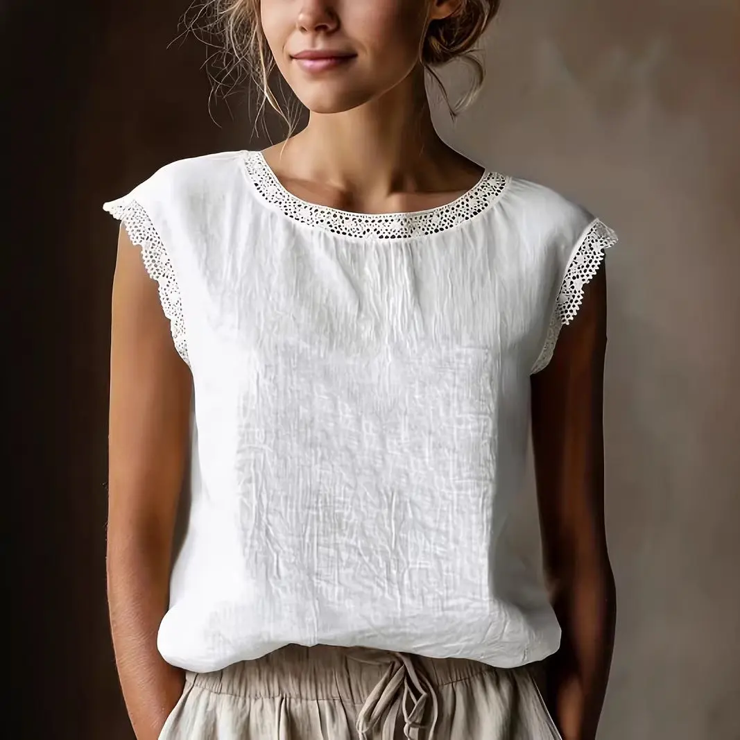 Loose Solid-Color Crew-Neck Lace Sleeveless Cotton-Linen Shirt