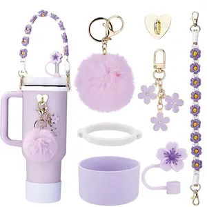 Stanley Cup Accessories Set - 7pcs for 30/40oz with Handle Strap, Cup Boot, Straw Cover, Plush Ball & Key Charm in Purple Drinkware Silicone Tumbler