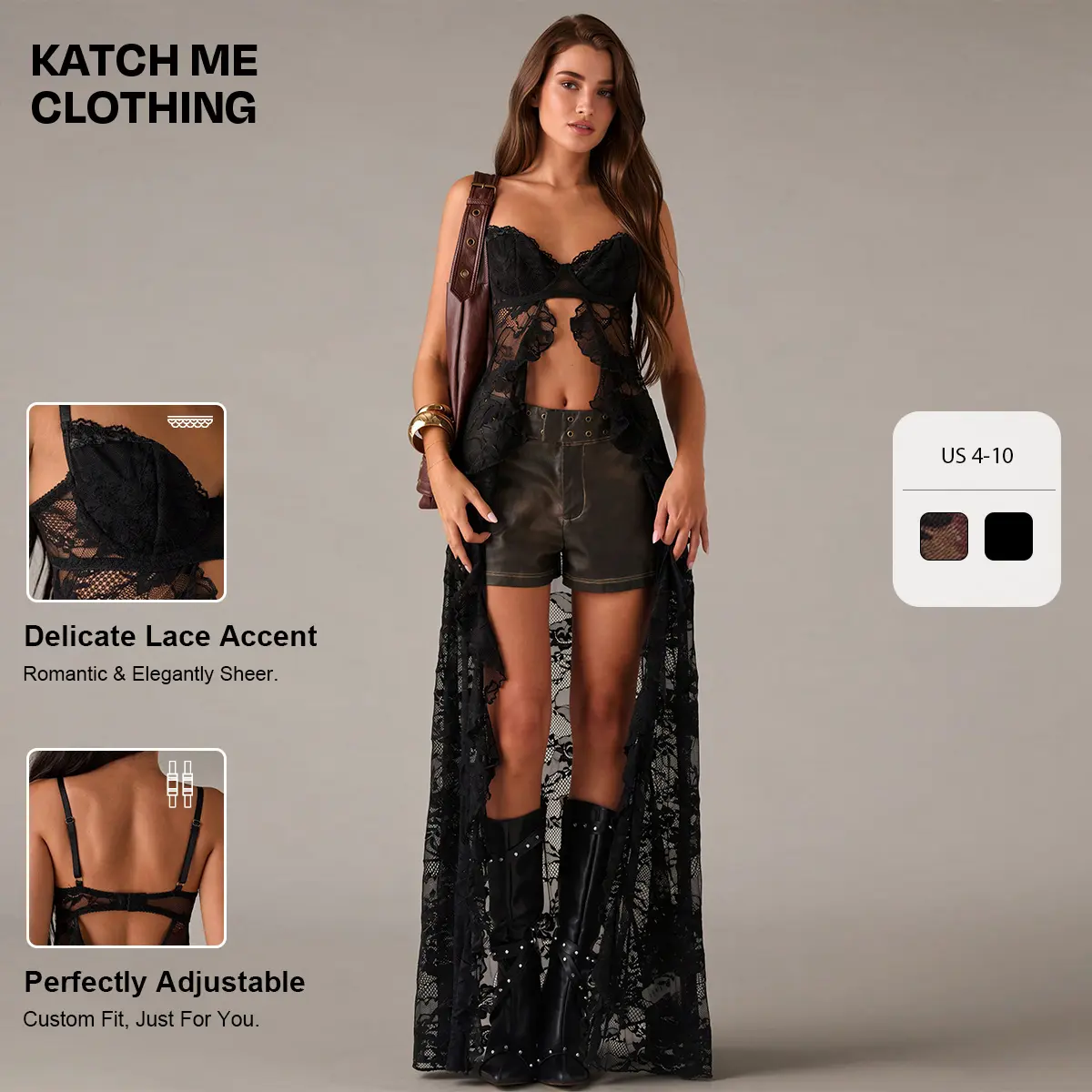 Katch Me Clothing Women's Breezy Adjustable Strap Sweetheart Neckline Front‑Split Sheer Lace Maxi Dress, Vibrant Bralette Lace Top