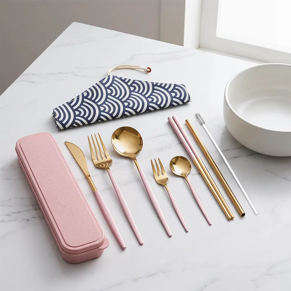 Lightweight 10Pcs Pink Golden Stainless Steel Tableware Set, Portable Reusable Travel Flatware Kit with Chopsticks, Knife, Fork, Spoon, Straws & Cleaning Brush, Food-Grade Metal Utensils, Dishwasher Safe for Outdoor, Office Use