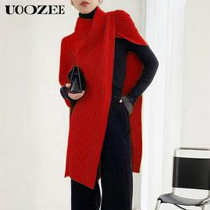 UOOZEE Women's 2025 New Autumn Winter Long Sleeve High Neck Nylon Knitwear - Comfortable Full-Length Non-Transparent Easy Pullover, Loose Asymmetric Split-Joint Plus Size Casual Top with Elastic Breathable Fit
