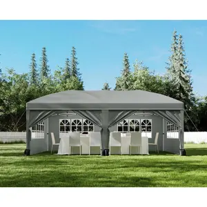 Grey Heavy-Duty Waterproof Pop-Up Canopy Tent – 10x20FT Outdoor Commercial Gazebo with 6 Sidewalls, Adjustable Height, All-Season Shelter, Storage Bag – Grey, with Side Curtains, 10x20FT