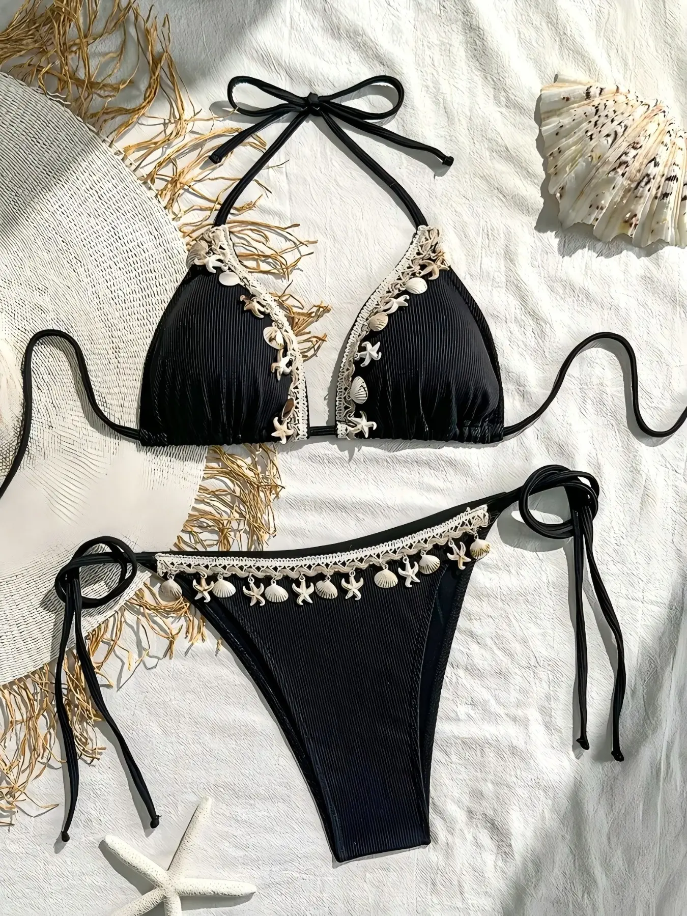 Women's Shell Beach Striped Print Bikini Set, High Stretch Fabric, Includes Triangle Top and Side Tie Swim Pants, High Cut Bikini, Summer Swimsuit Set, Bikini Beach Wear