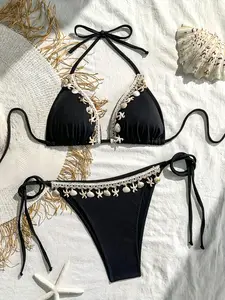 Women's Shell Beach Bikini Set, High Stretch Fabric, Includes Triangle Top and Side Tie Swim Pants, High Cut Bikini