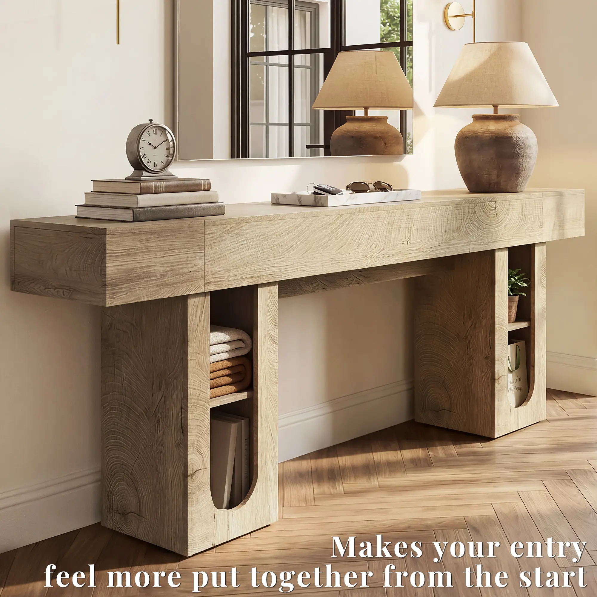 OMCHOM Rustic Farmhouse Console Table, 79 Inches Entryway Console Table with Storage, Industrial Hallway Accent Table for Living Room, Entrance