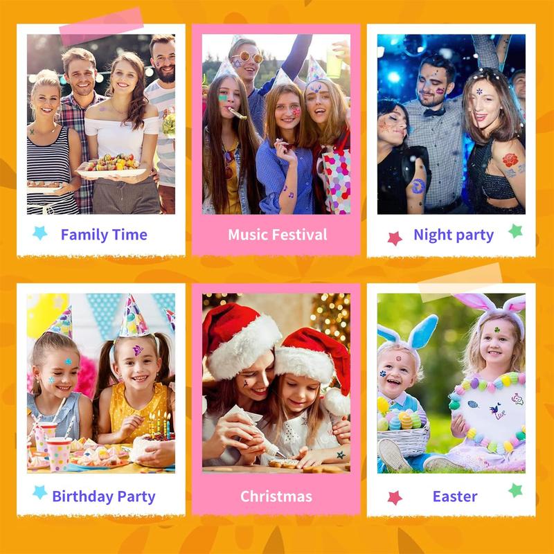 Temporary Glitter Tattoo Kit for Kids & Adults, 42 Glitter & 6 Fluorescent Color, 209 Stencils, 4 Glue, 5 Brushes, 1 Diamond Sticker, Safe & Easy Removal Face Body Art Birthday Party Supplies