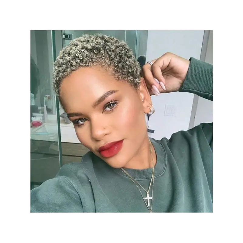 Ombre Gray And Blonde Hair Wig Synthetic Short Afro Kinky Curly Wigs For Women Short Pixie Curly Wigs For Christmas Day Parties