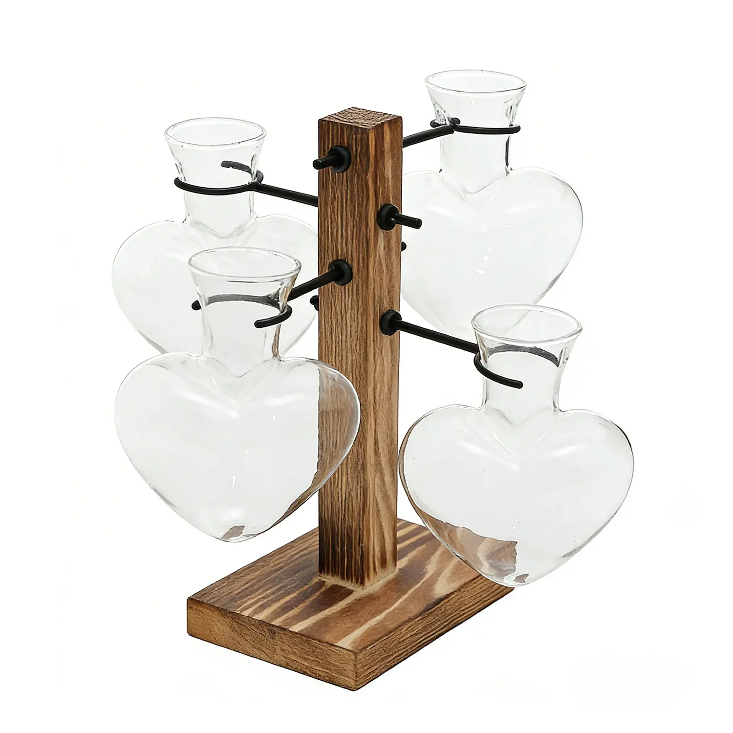 Nature-Infused 4-Vase Solid Wood-Glass Decorative Set, Heart-Shaped Flower Stand Vases with Wood Base & Glass Vessel, Light Home Supply Gift for Hydroponic Plants, 4 Vases homedecor