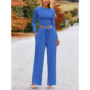 Loungewear Comfort Set, Chic 2-Piece Ribbed Knit Long Sleeve Crop Top Wide Leg Pants Matching Lounge Set Loungewear, Daily Wear, Cozy, All Year Style, Round, Stylish, Relaxed Fit, Comfy, Soft Touch, Simple