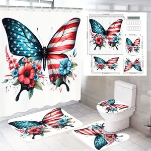 1/4pcs Patriotic American Flag Butterfly Bathroom Set 4 Piece - Shower Curtain Sets 180x180cm, Toilet Seat Cover, 2 Bath Mats 40x60cm/50x80cm, Red White Blue Flowers - Themed Decor for 4th of July, Memorial Day, Veterans Day, Bathroom Decorations