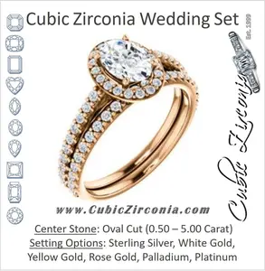CZ Wedding Set, featuring The Monique engagement ring (Customizable Oval Cut Cathedral-Halo with Thin Pave-Band)