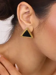 Ladies' Gold Stud Earrings Light Luxury Retro Earrings Stainless Steel 18k Gold-Plated Waterproof Threaded Triangular Teardrop-Shaped Black Agate Bohemian-Style Jewelry Summer Essential Beach Vacation Style Stud Earrings