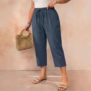 Women’s linen capri pants, lightweight for summer, drawstring, loose straight-leg casual trousers