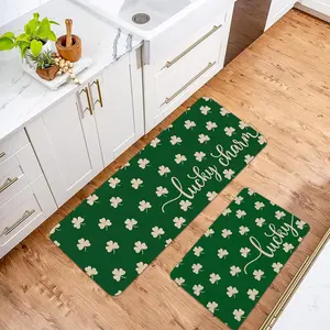 St Patrick's Day Kitchen Rug Set, Kitchen Floor Mat, Irish Clover Leprechaun Lucky Pattern Door Mat, Non-Slip Bathroom Runner, Home Decor for Holidays, Decorative Rug