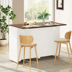 Garvee 53" Rattan Rolling Kitchen Island Cart with Mobile Wheels, Drop Leaf Breakfast Bar, Storage Cabinet, Drawers, Tilt Out Can, Adjustable Shelves, Spice Rack, and Dual Door Kitchen Cart in White, Oak, or Black