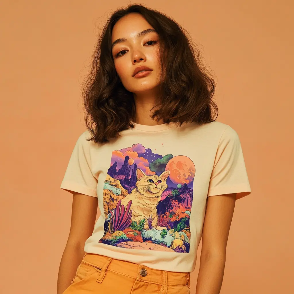 Light Peach T-Shirt with Colorful Cosmic Cat Design - Cotton Top Comfort Casual