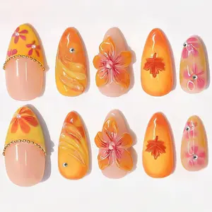 3D Maple Leaf Fall Press on Nails Almond Short, Orange Yellow Flower Design Autumn Fake Nails Glue on Nails, 30pcs Glossy Handmade Full Cover Stick on Nails Press ons for Women Gift