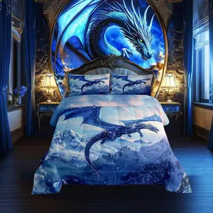 Flying Dragon Comforter Setsnow Mountain Bedding Set,Kids Girls Women,Adults Blue Dragon Comforter,Winter Snow Scenery Quilted Duvet Set