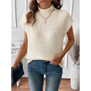 Women Textured Solid Loose Turtleneck Sweater Vest Fabric Fit