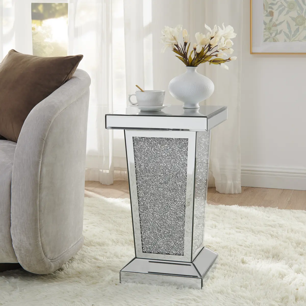 Silver Mirrored End Table With Crystal Inlay, Modern Side Table, Mirrored Nightstand, Accent Table, Square Small Coffee Table for Living Room, Bedroom,Office, Hallway, Entryway. 13.8"W x 13.8"D x 23.6"H