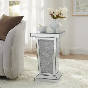 Silver Mirrored End Table With Crystal Inlay, Modern Side Table, Mirrored Nightstand, Accent Table, Square Small Coffee Table for Living Room, Bedroom,Office, Hallway, Entryway. 13.8"W x 13.8"D x 23.6"H