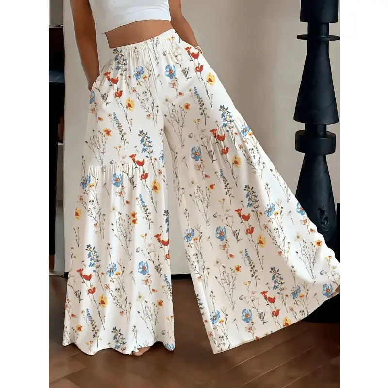 Women’s Bohemian Floral Wide-Leg Pants - Lightweight, Comfortable Hippie Pants, All-Season Baggy Bottoms, Machine Washable Women’s Apparel for Summer Vacation, Everyday Wear Womenswear Fashion