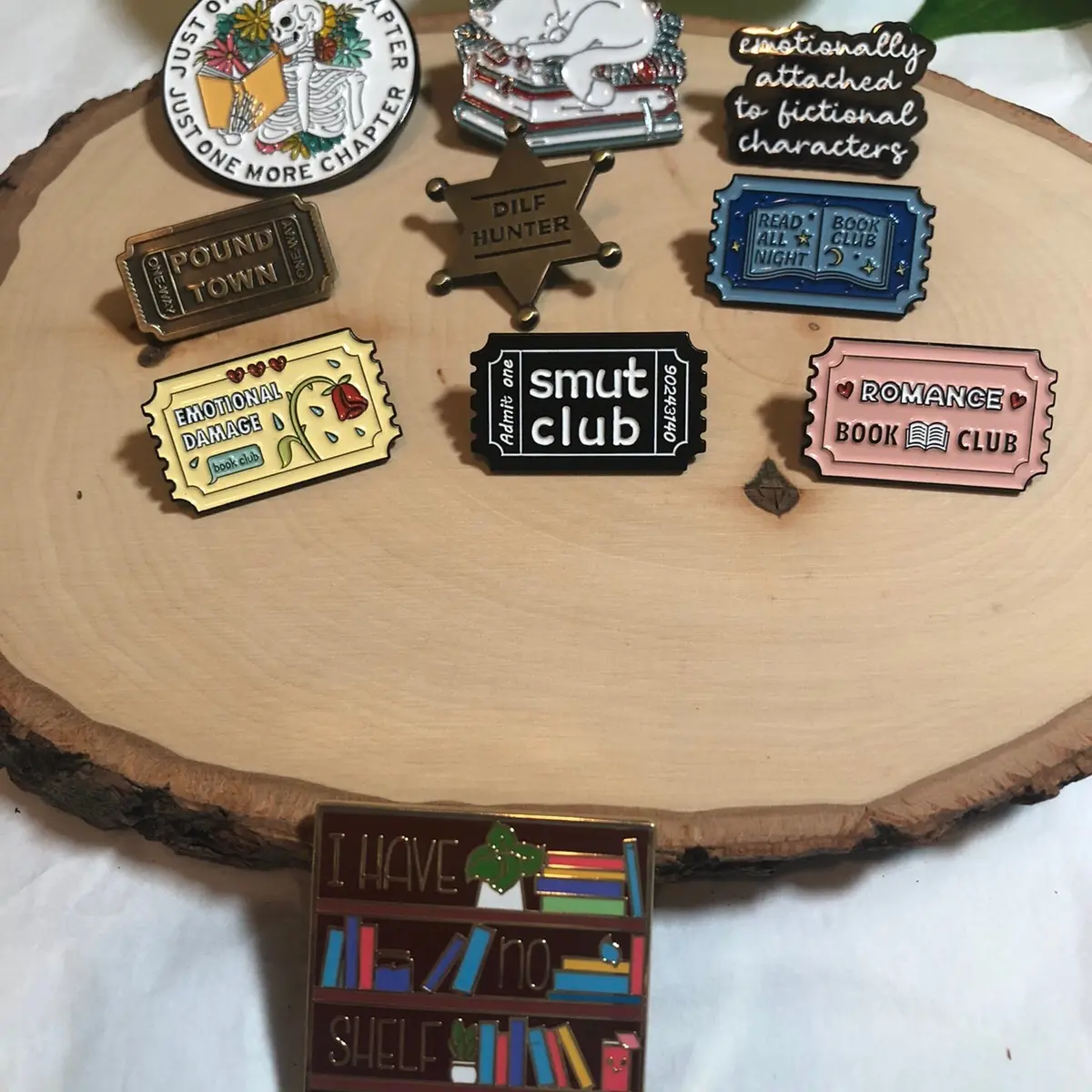 Bookish lapel enamel pin: smut club, DILF hunter, Romance book club, Emotional Damage, Emotionally Attached To Fictional Characters, Morally Grey Is My Favorite Color