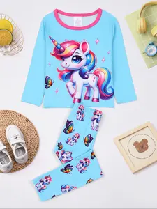 Teen Unicorn Pattern Long Sleeve Fitted Pajama Set, Soft Comfortable Fall Winter Design, Perfect for Daily Wear, Loungewear and Relaxing Homewear