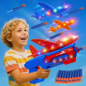 Kids Fun Airplane Launch Toy Set, Includes 3 LED Light Foam Gliders & 20 Darts, Outdoor Flying Plane Toys, Christmas Birthday Gift for Boys 3+, Model Aircraft