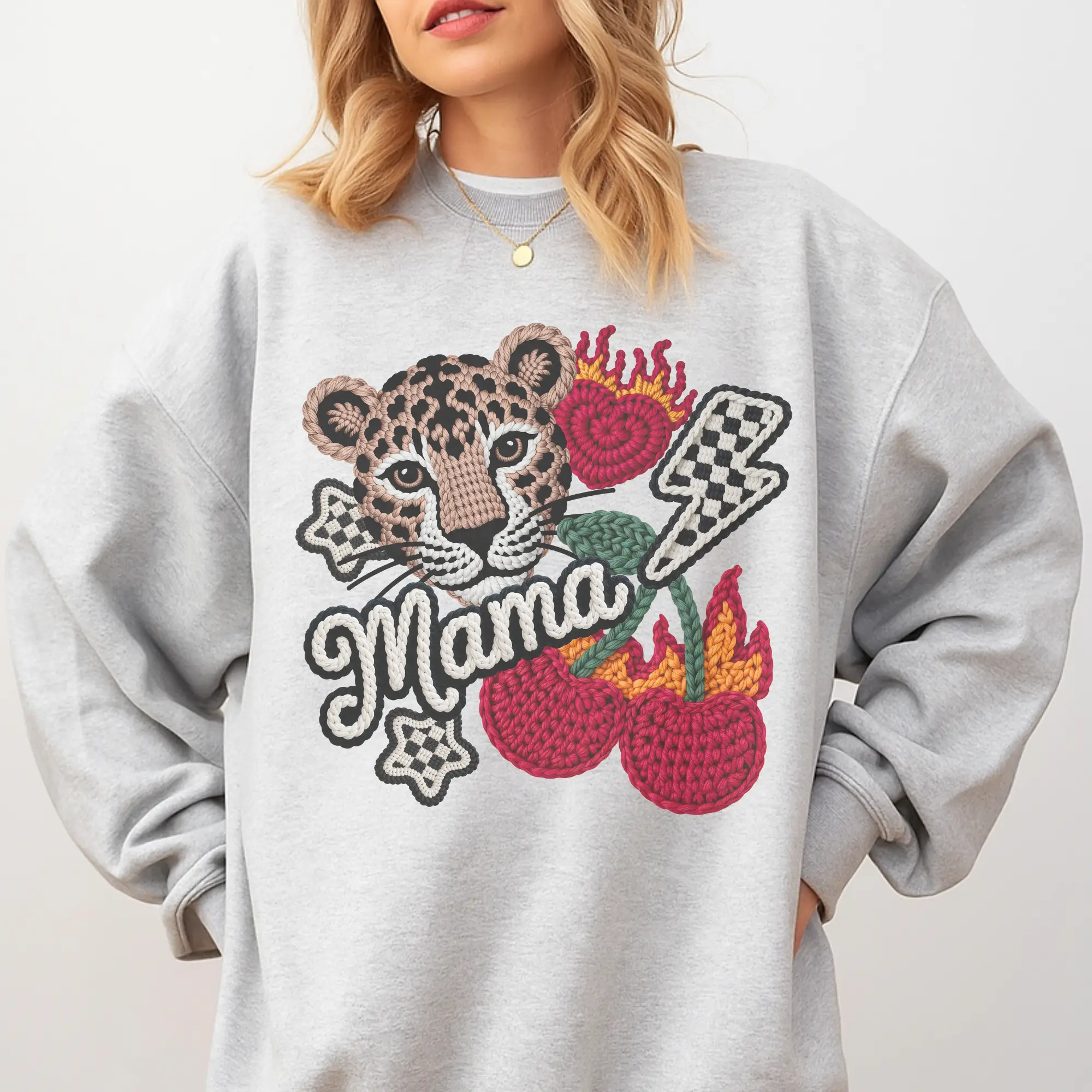 Mama - Mama Leopard Faux Yarn Art Edgy Mama Sweatshirt - Ash Grey - Unisex Jersey Sublimation Design Vintage Style Comfortable Everyday Wear
