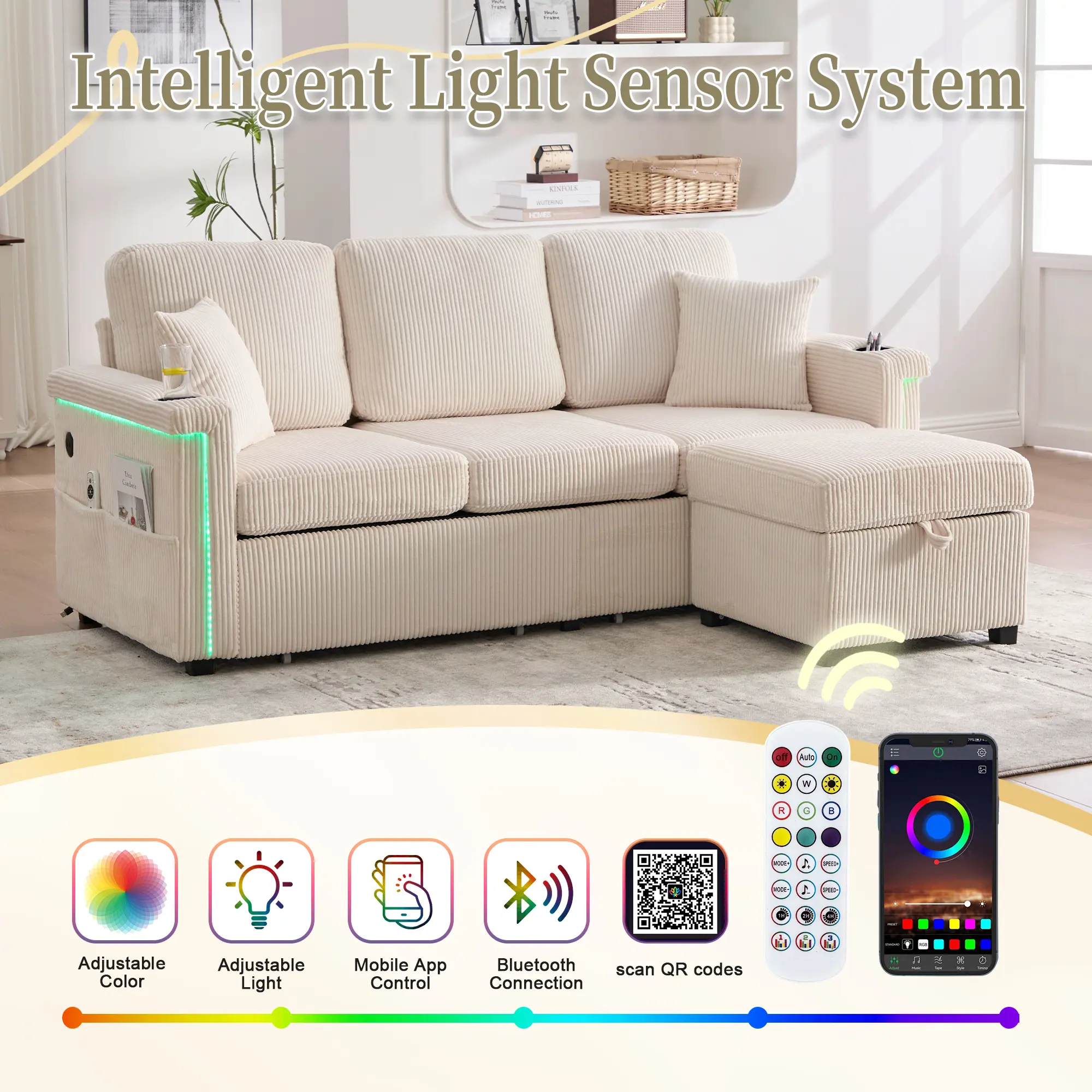 Smart Home L-Shaped Sectional Sofa with Pull-Out Storage Ottoman Pillows 3-Seat USB Charging Cup Holder Convertible Corduroy Fabric Intelligent Light Sensor System