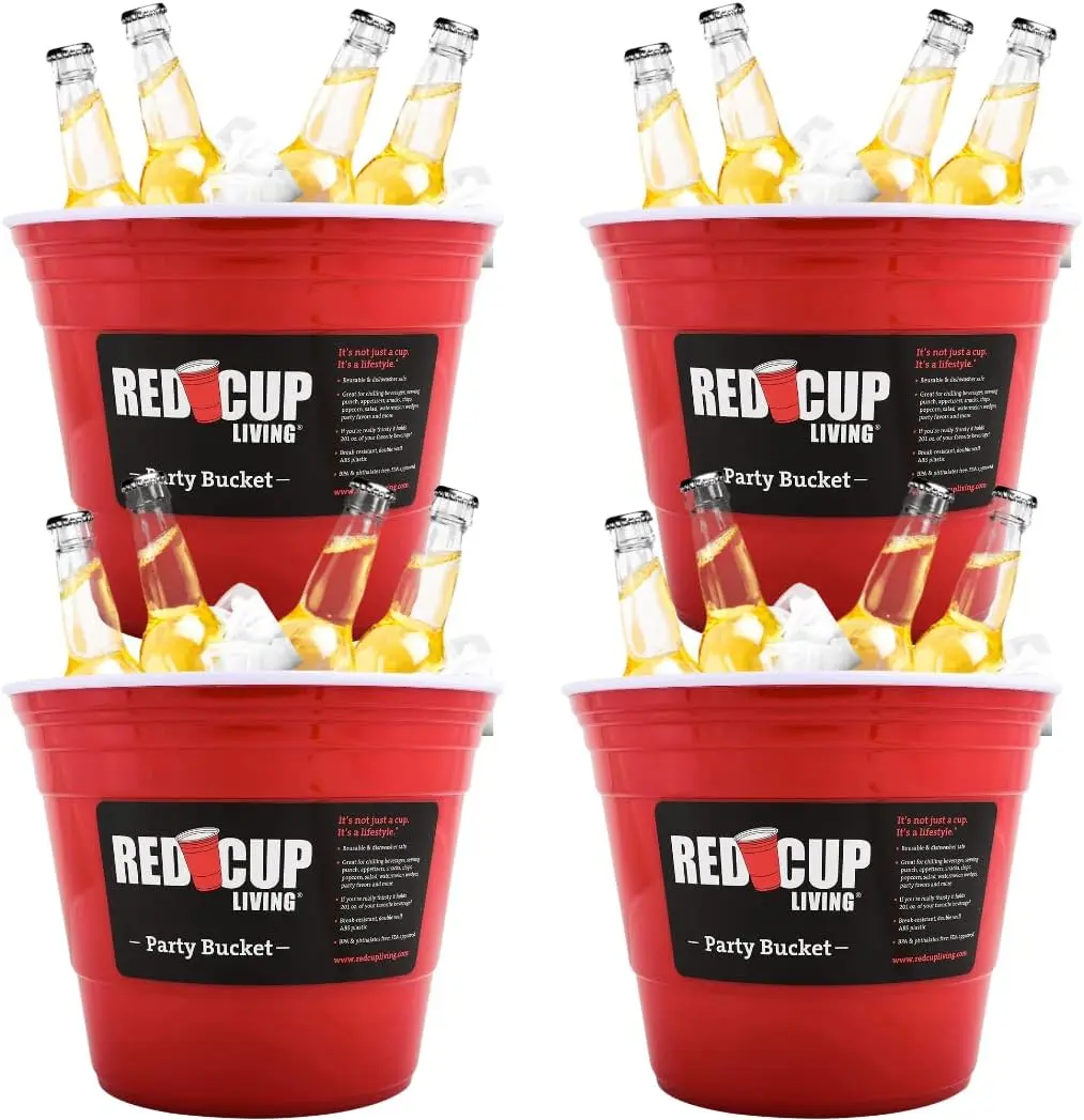 Reusable Red Plastic Ice Bucket for Parties - Large Beverage Tub, Wine Cooler, Beer Bucket, Drink Holder for Indoor/Outdoor Bars, Galvanized Tubs, Party Celebration Unbreakable, 201 Oz (Pack of 4)