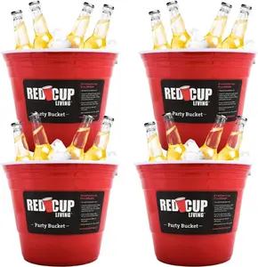 Reusable Red Plastic Ice Bucket for Parties - Large Beverage Tub, Wine Cooler, Beer Bucket, Drink Holder for Indoor/Outdoor Bars, Galvanized Tubs, Party Celebration Unbreakable, 201 Oz (Pack of 4)