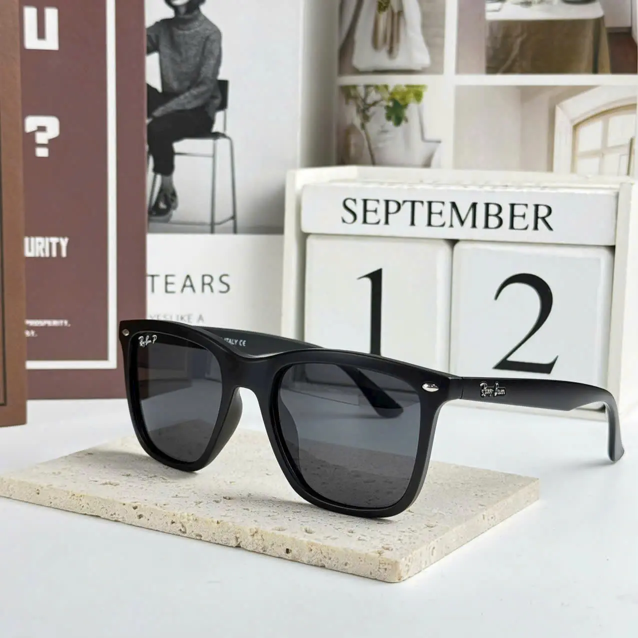 RAY-BAN Black Square Frame Sunglasses with Dark Lenses