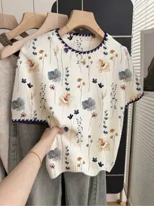 1 piece + French retro loose crew neck Round neck elegant short-sleeve contrast trim beige women's knitted top with colorful floral prints, spring and summer top, summer casual women's wear, white top, casual top, knitted, Knitwear, Womenswear