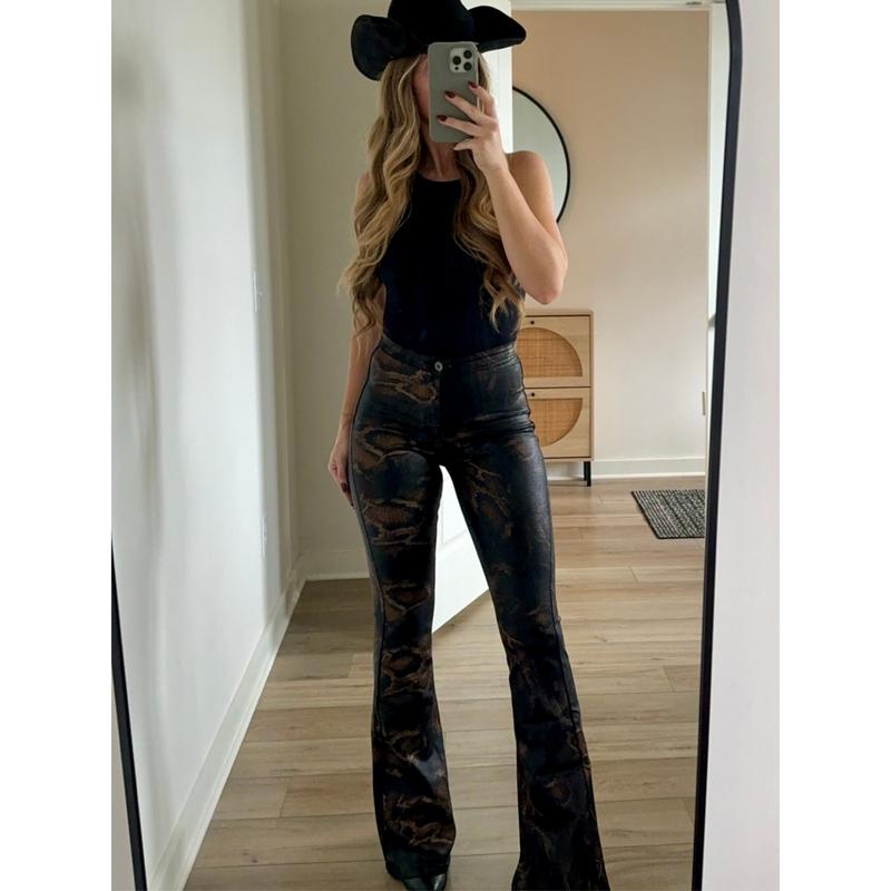 Fiona High Waisted Bell Bottom Flare Jeans - Snakeprint