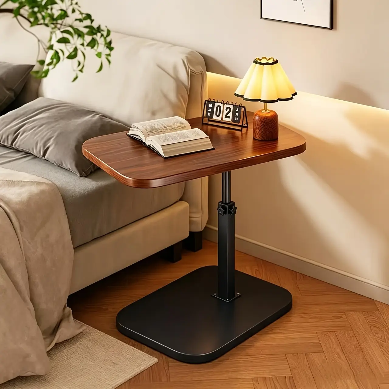 BRANDON-SUPER Traditional Walnut Wooden Top Curved Edge Adjustable Height C-shaped Multifunctional Tray Table - Side End Table, Laptop Desk, Sturdy Bedside Snack Rack, Christmas Gift Home Supply