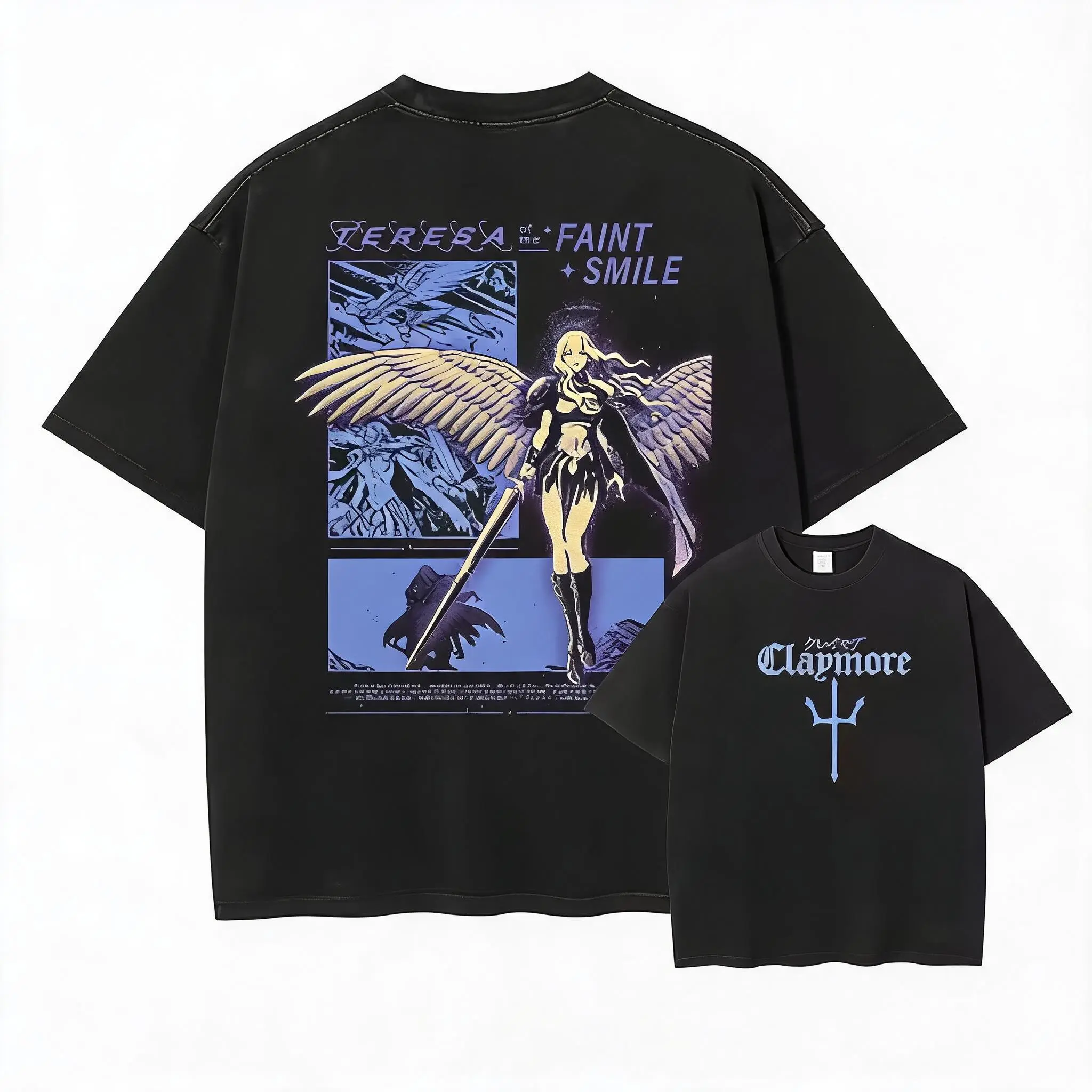 Anime Claymore T Shirt Clare Miria Vintage Washed Tops Tees Anime Cartoon Harajuku DTG Print Short Sleeve Oversized Tshirt