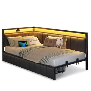 Sikaic LED Daybed with Line Fabric Upholstered Fence and Charging Station Gray Modern Corner Bed Frame with Storage Drawers, Kids Bed Unit with LED Light