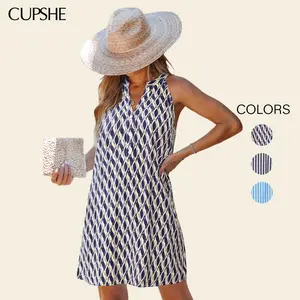 CUPSHE TikTokShopSpringGlowUp Striped Sleeveless Mini Dress Round Neck Woven Split Hem Summer Sundress Beach Swimsuit Cover Up Daily Casual Outfit