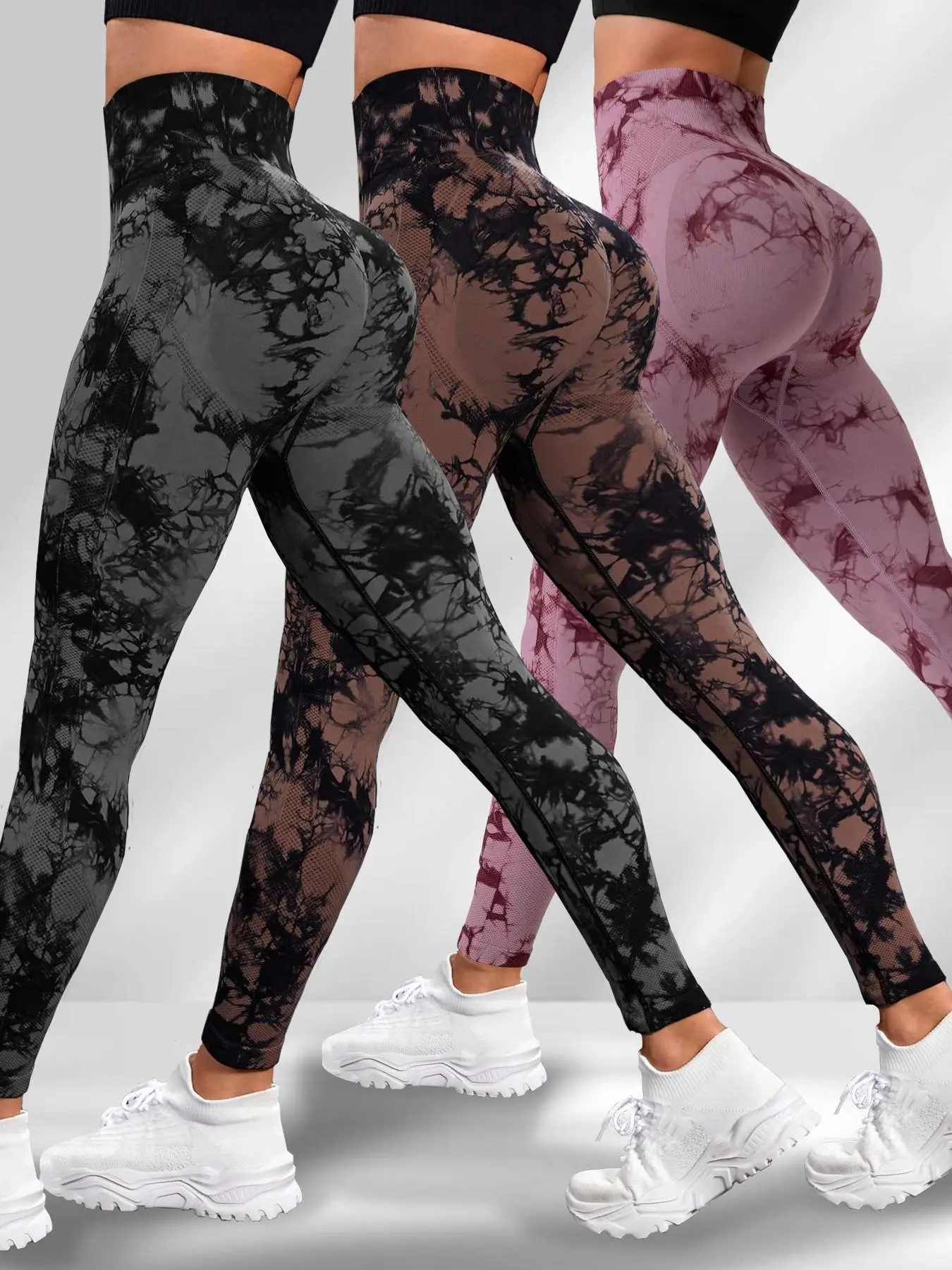 Women's 3pcs Tie Dye Print Sports High Waisted Leggings, Casual Comfy Breathable Skinny Pants for Yoga Gym Workout Running, Women Sports Bottoms for F