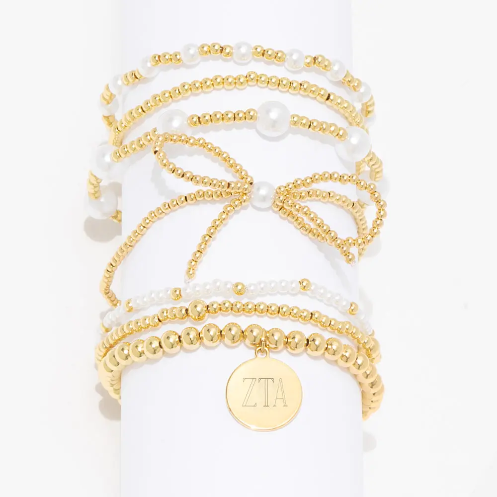 Zeta Tau Alpha Pearl Bow Bracelet Stack | Gold