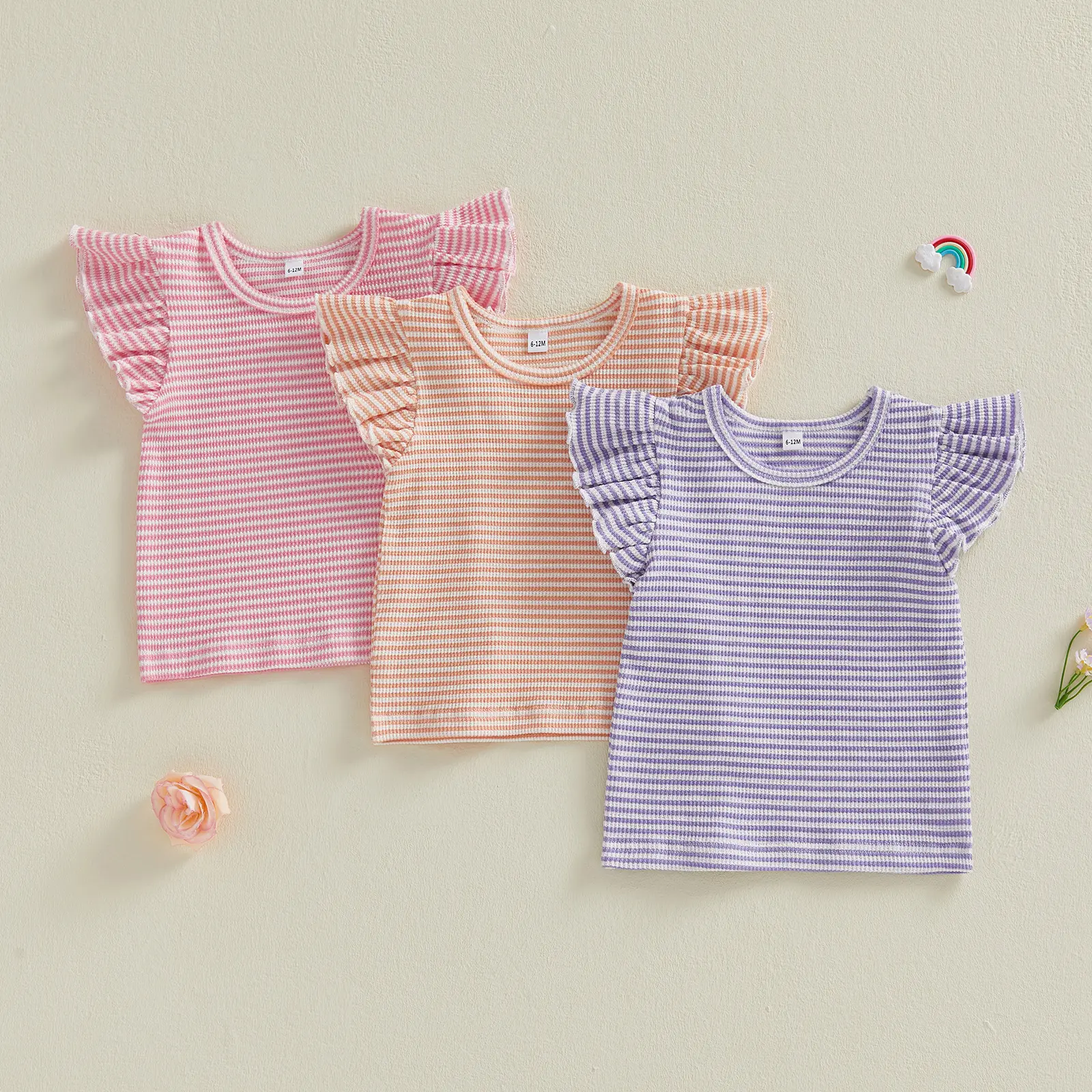 Canrulo Toddler Baby Girls T Shirt Top Cute Striped Ruffle Flying Sleeve Round Neck Casual Basic Tee Streetwear Blouse 0-6T