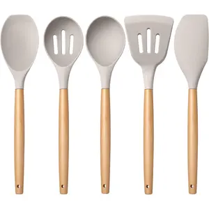 Silicone Cooking Utensils Set, 5-Piece Kitchen Utensils Set with Wooden Handle for Cooking, Silicone Kitchen Nonstick Tools Spatula Turner Slotted Spoons, Nontoxic & Heat Resistant-Khaki